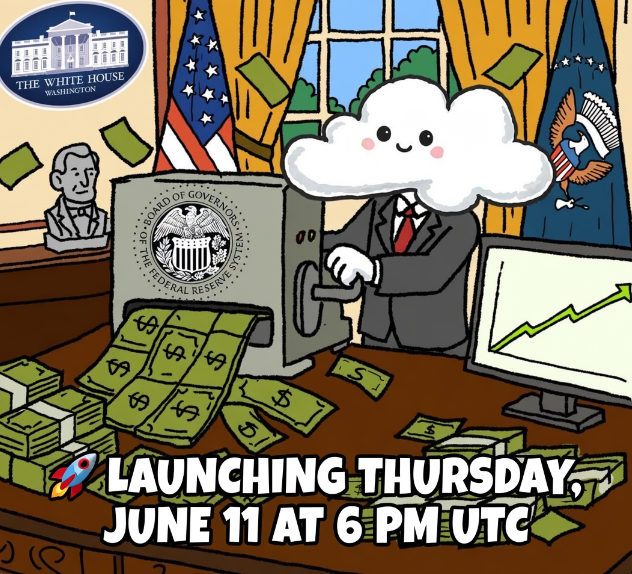 The image features a cartoon depiction of a man wearing a suit with a smiling face, standing at a desk surrounded by stacks of money. The man appears to be opening a machine that dispenses money into his hand. The text "Lanching Thursday, June 11th at 6pm utc" is written below the scene, indicating the date and time for which this image was created.