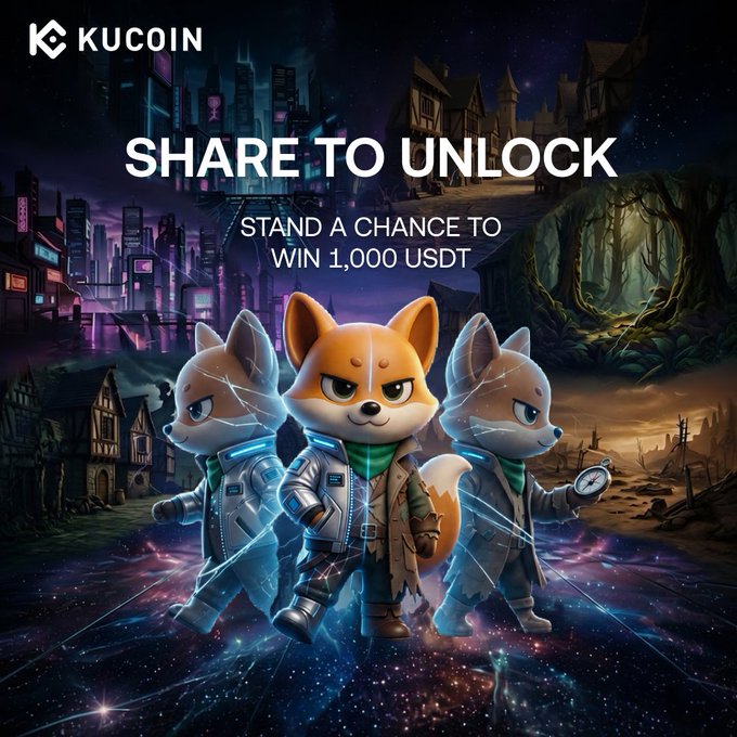 A KuCoin promotional graphic featuring three Shiba Inu mascots in space-themed attire against futuristic and medieval backdrops, with text reading "KUCOIN," "SHARE TO UNLOCK," and "STAND A CHANCE TO WIN 1,000 USDT," illustrating the campaign's call for users to share their KuKu badge on X for a chance at the prize.
