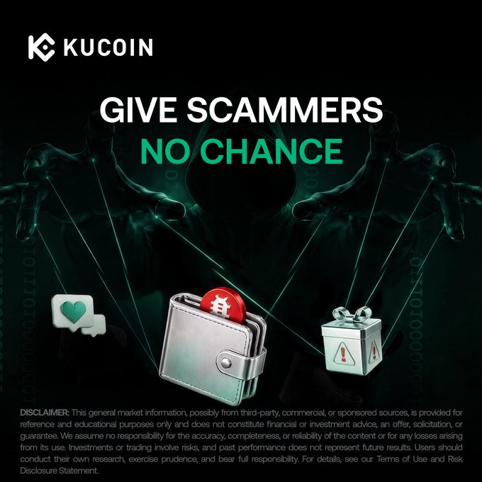 A dark promotional graphic for KuCoin features the tagline "GIVE SCAMMERS NO CHANCE" over a shadowy hooded figure manipulating puppet strings attached to a wallet holding Bitcoin, a gift, and a risky package—visually representing how scammers gradually build trust through gifts and false promises before making their fraudulent ask, as highlighted in the accompanying warning post about slow-burn crypto scams.