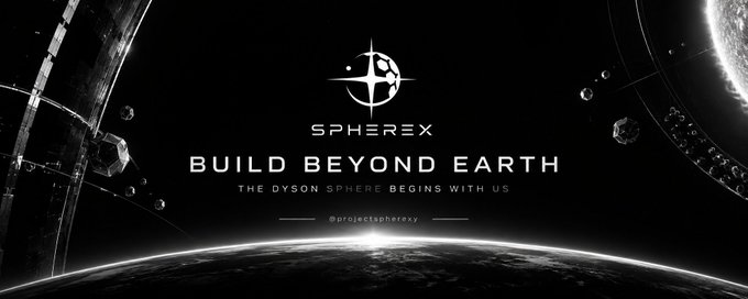 A black-and-white cosmic banner for **SphereX** featuring the tagline "BUILD BEYOND EARTH – THE DYSON SPHERE BEGINS WITH US" alongside the handle **@projectspherexy**, set against a backdrop of Earth, asteroids, and space stations. The imagery visually reinforces the post's concept of moving beyond blockchain to space, evoking the Kardashev Scale's vision of a civilization harnessing stellar-level energy.