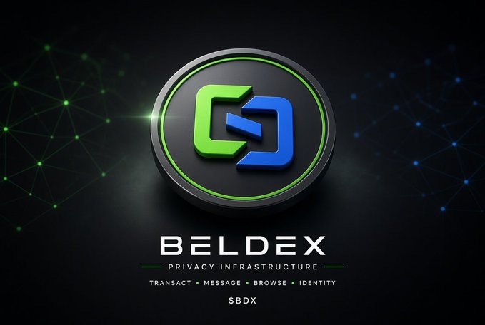 A logo for 'BELDEX' ($BDX) featuring a stylized 'BD' emblem and the tagline 'PRIVACY INFRASTRUCTURE — TRANSACT • MESSAGE • BROWSE • IDENTITY'.
