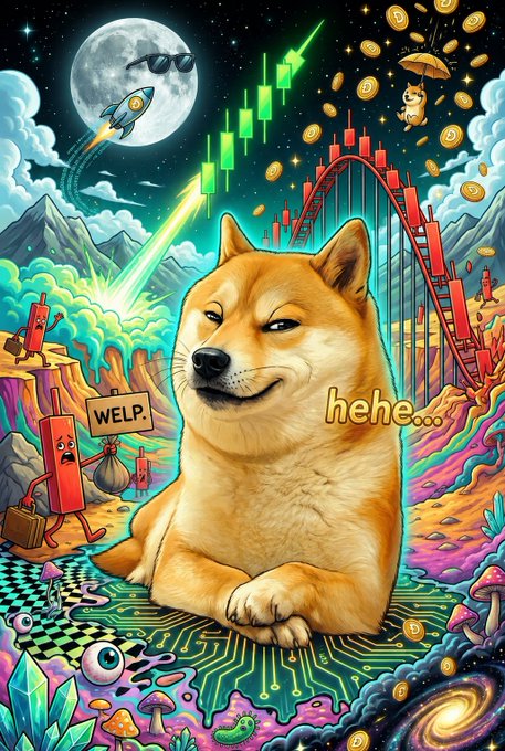 A colorful, surreal digital illustration of a Shiba Inu dog smiling, surrounded by a rocket, moon with sunglasses, stock chart, rollercoaster, coins, and text reading 'WELP.' and 'hehe...'.