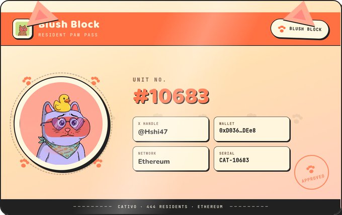 A digital 'Blush Block' resident pass displaying unit number #10683, with wallet address 0xD036...DEe8, network Ethereum, and a cartoon cat avatar wearing glasses with a duck on its head.