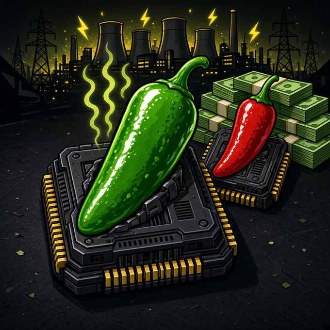 A digital illustration of two chili peppers—one green and one red—sitting on metallic bases, with stacks of money in the background and an industrial city skyline under lightning.