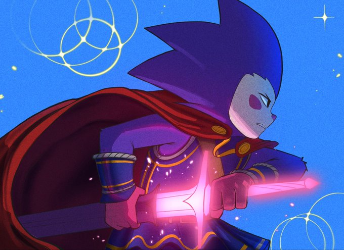 A stylized animated warrior in a purple cloak and mask wields a glowing pink energy blade against a starry blue background, evoking the heroic NFT artwork style often featured in the Chog NFT project. The image complements the celebratory post about Chog NFT's success.