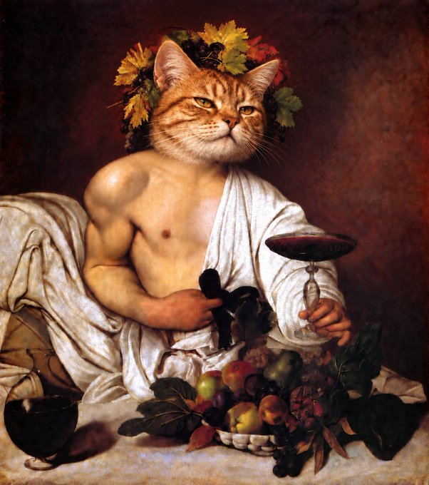 An AI-generated or edited classical-style painting depicting a figure with a muscular human torso draped in white cloth, but with a cat's head adorned with a wreath of grape leaves, holding a goblet of red wine beside a bowl of fruit.