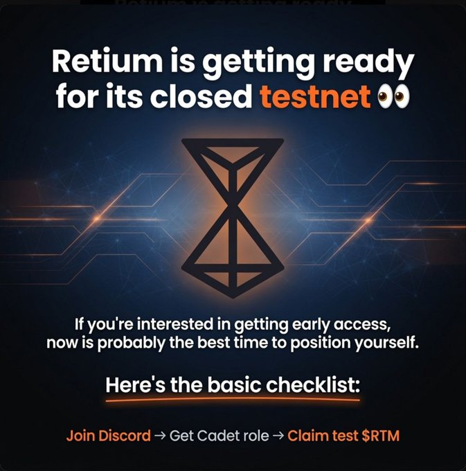 A promotional graphic for Retium's closed testnet with an hourglass logo, reading 'Retium is getting ready for its closed testnet' and instructing users to 'Join Discord → Get Cadet role → Claim test $RTM.'