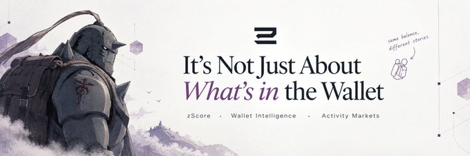 A promotional banner features a knight character illustration alongside the text 'It's Not Just About What's in the Wallet', 'zScore . Wallet Intelligence . Activity Markets', and a small note reading 'same balance, different stories'.