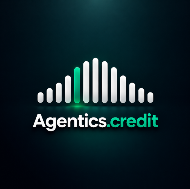 A logo for "Agentics.credit" featuring white audio-bar-style vertical pillars with one highlighted in green, set against a dark teal background.