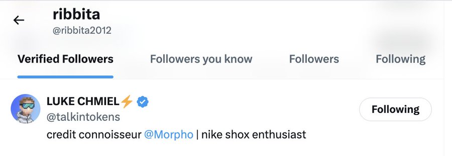 A Twitter/X profile screenshot for 'ribbita' (@ribbita2012) showing a verified follower named 'LUKE CHMIEL' (@talkintokens) with a lightning bolt emoji, whose bio reads 'credit connoisseur @Morpho | nike sb enthusiast'.