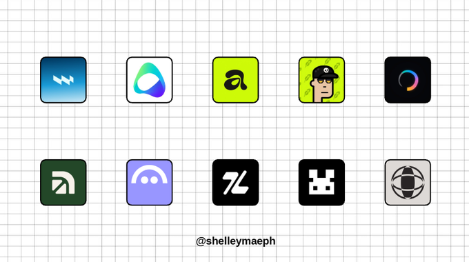 A grid displaying ten app icons on a graph-paper background, with the handle '@shelleymaeph' at the bottom.