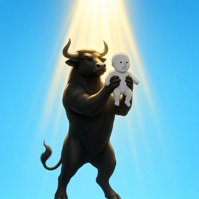A digital artwork showing a muscular black minotaur standing on its hind legs, holding a small, simple white humanoid figure against a blue sky with rays of light shining down.