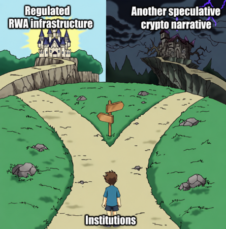 A cartoon image shows a person labeled "Institutions" standing at a fork in the road, choosing between two paths leading to castles labeled "Regulated RWA infrastructure" (bright and welcoming) and "Another speculative crypto narrative" (dark and ominous with lightning), illustrating institutional decision-making between legitimate asset tokenization and speculative crypto trends.