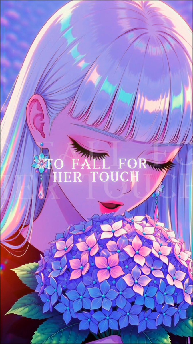 The image features an anime-style illustration of a woman with iridescent lavender hair and closed eyes, gently holding a bouquet of pink and blue hydrangeas, overlaid with the text "TO FALL FOR HER TOUCH." This dreamy, romantic artwork aligns with the post's poetic message about love and art, capturing the tender, artistic emotion the quote "I think its love, I think its art" conveys.