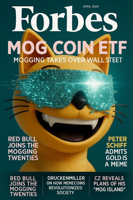 A satirical April 2024 Forbes magazine cover features a cat with pixelated sunglasses and headlines like "MOG COIN ETF: MOGGING TAKES OVER WALL STREET" and "CZ REVEALS PLANS OF HIS 'MOG ISLAND.'"