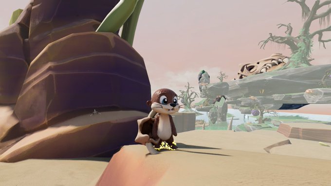 A 3D animated chipmunk-like character stands on a sandy cliff edge in a surreal landscape with floating rocks, twisted trees, and mountains in the background.