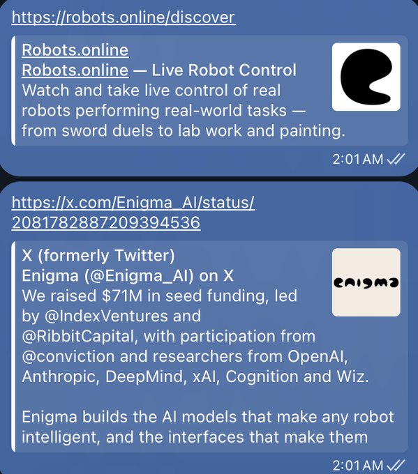 Screenshot of two link previews on a messaging app: Robots.online ("Live Robot Control" for real-world tasks) and an X post by Enigma (@Enigma_AI) announcing $71M in seed funding led by Index Ventures and Ribbit Capital—fitting the "well well well" caption as these AI/robotics developments stack up.