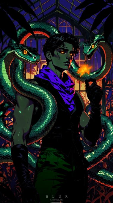 A digital illustration of a man with glowing yellow eyes surrounded by green snakes, holding a flame, with the text 'BLUR' and a username visible at the bottom.