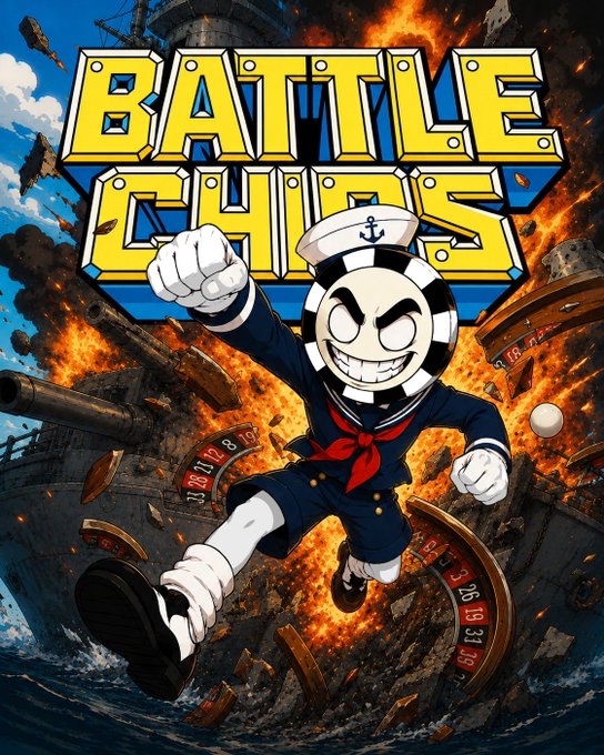 An action-packed illustration titled 'BATTLE CHIPS' featuring an anthropomorphic poker chip character in a sailor outfit punching forward amidst explosions, ships, and roulette wheels.