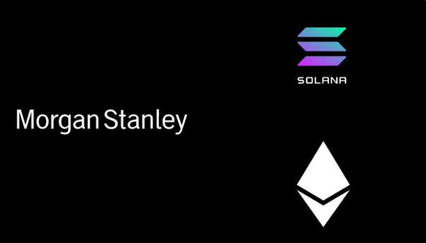 The image features the Morgan Stanley logo alongside the logos for Solana and Ethereum, visually representing the post's claim that Morgan Stanley's updated S-1 filings are securing Coinbase for custody and staking services for both their spot Ether and Solana ETFs, highlighting institutional interest in earning yield on crypto holdings.
