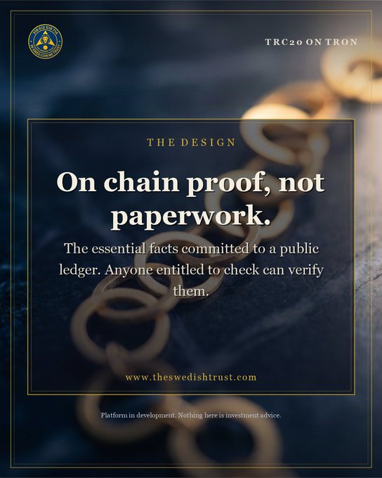 A promotional graphic for 'THE SWEDISH TRUST' featuring a gold chain background with the text 'On chain proof, not paperwork. The essential facts committed to a public ledger. Anyone entitled to check can verify them.' and 'TRC20 ON TRON'.
