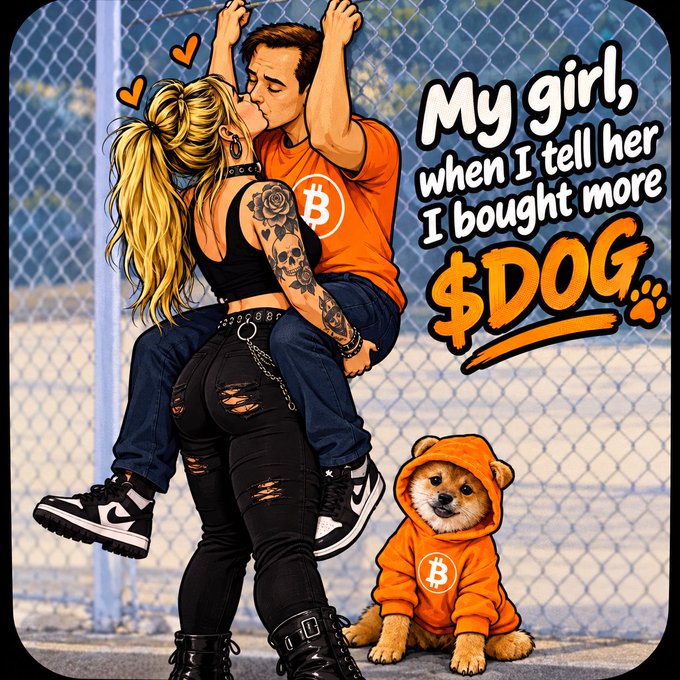 A digital illustration shows a couple kissing in front of a chain-link fence with a Bitcoin logo, accompanied by a small dog in a Bitcoin hoodie and the text 'My girl, when I tell her I bought more $DOG'.