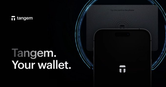 Promotional image for Tangem with the tagline 'Tangem. Your wallet.' alongside a smartphone tapping a hardware wallet card.