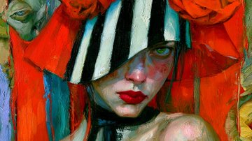 A vivid painting of a woman's face partially obscured by a black and white striped veil, with striking red lips, green eyes, and bright red roses surrounding her.