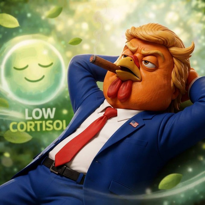 The image depicts a stylized caricature of Donald Trump with a chicken body, wearing his signature blue suit and red tie, lounging back with a cigar in his beak against a serene green backdrop featuring a smiling orb and the text "LOW CORTISOL." The accompanying post praising the $CHUMP ticker connects to the meme's portrayal of the coin as embodying a fearless, unshakeable "beast" mentality—so chill it keeps cortisol levels low even during market corrections.