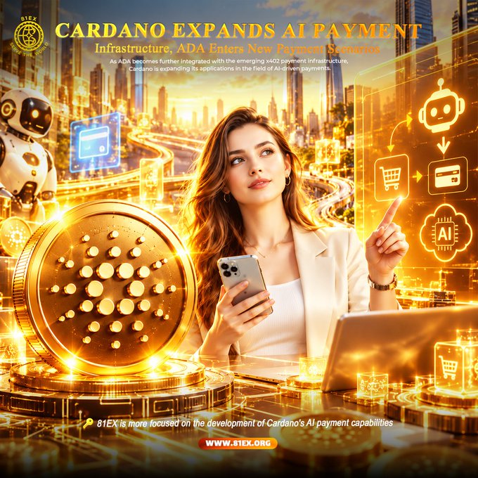 A stylized promotional graphic shows a woman holding a smartphone beside a large glowing ADA coin, with a cityscape, a robot, and AI/payment icons in the background, captioned "CARDANO EXPANDS AI PAYMENT — Infrastructure, ADA Enters New Payment Scenarios," along with the 81EX logo, the ticker "ADA," and the tagline "81EX is more focused on the development of Cardano's AI payment capabilities" at www.81EX.org, which visually reinforces the post's message about ADA's growing role in AI-driven payment infrastructure.