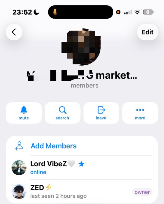 A screenshot of a Telegram group chat titled "market..." showing two members: "Lord VibeZ" (online) and "ZED" (owner, last seen 2 hours ago), which appears to be a marketplace group where the owner may offer deals or partnerships to new members being onboarded.