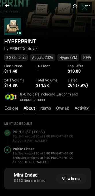 A screenshot of an NFT marketplace page for 'HYPERPRINT by PRINTDeployer,' showing 3,333 items minted in August 2026 with a floor price of $11.48 and a 24H volume of $14.8K.