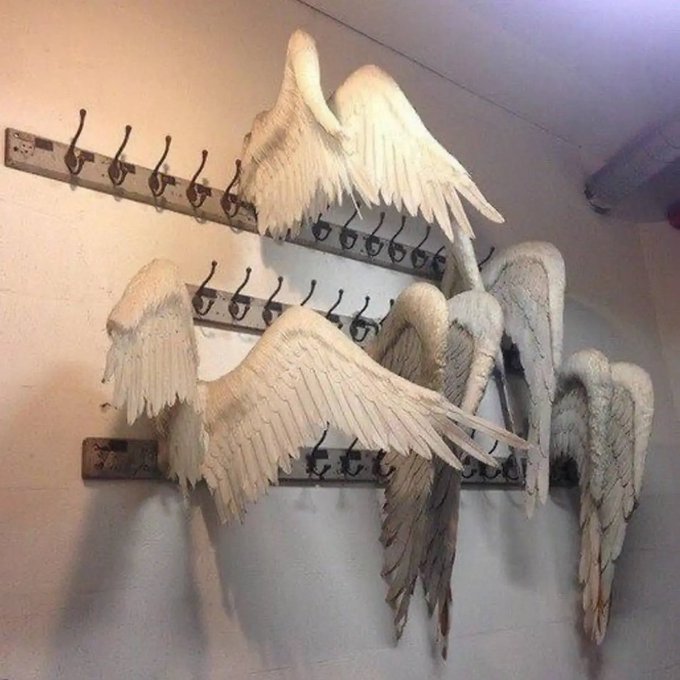 Several white angel wings of varying sizes are displayed hanging from metal coat hooks mounted on a plain white wall.