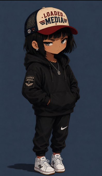 An anime-style girl wearing a 'LOADED MEDIA' cap and black hoodie with matching sleeve text, paired with Nike pants and sneakers.