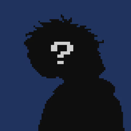 Pixel art silhouette of a figure with an afro and a question mark on its face, set against a dark blue background.