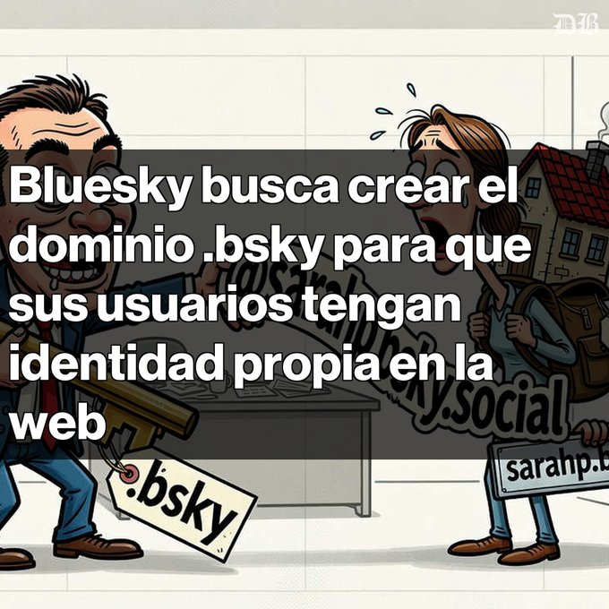 A Spanish-language meme/cartoon with overlaid text reading 'Bluesky busca crear el dominio .bsky para que sus usuarios tengan identidad propia en la web,' depicting a salesman aggressively offering a '.bsky' domain tag to a reluctant woman with a 'sarahp.b' tag.