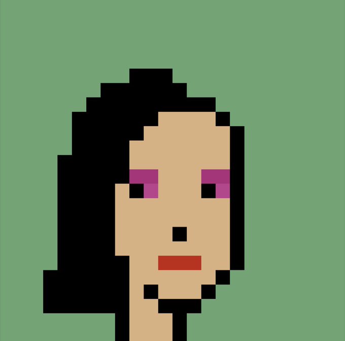 A pixel art portrait of a figure with black hair, tan skin, purple eyeshadow, and red lips against a solid green background.