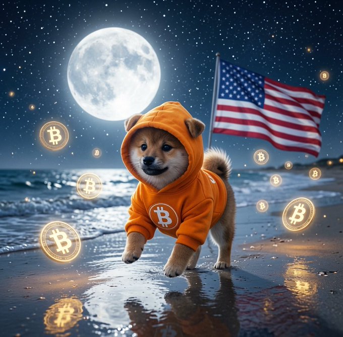 A Shiba Inu dog wearing an orange Bitcoin hoodie runs on a beach at night under a full moon, with an American flag in the background and glowing Bitcoin symbols floating around.
