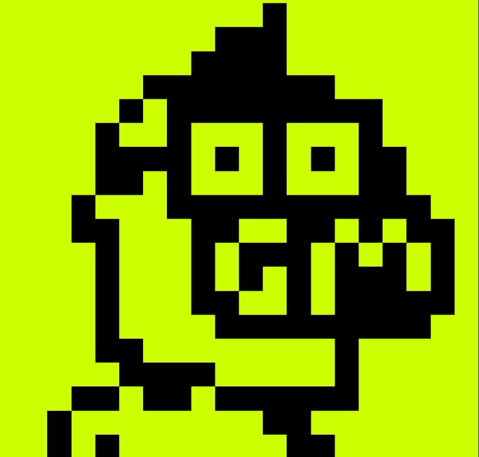 A pixelated black alien character with two square eyes and an antenna on a bright neon yellow-green background.
