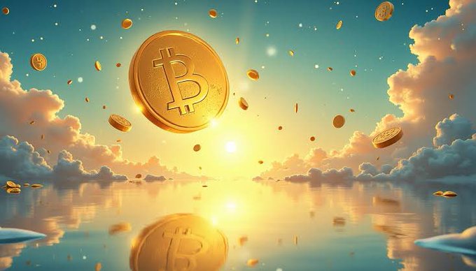 The image features a golden coin floating above a body of water, with the sun setting behind the clouds below. The coin appears to be made of gold or bronze, and there are numerous coins scattered throughout the scene. The background includes a sky filled with clouds and the reflection of the sun on the water surface. The post reads "GM Markets open and close. Cycles top and bottom. The only constant is showing up and stacking through it. Discipline beats noise. Patience beats panic." This message seems to be related to the coin floating above the water, as if it represents a financial metaphor or symbol for investing in the stock market.