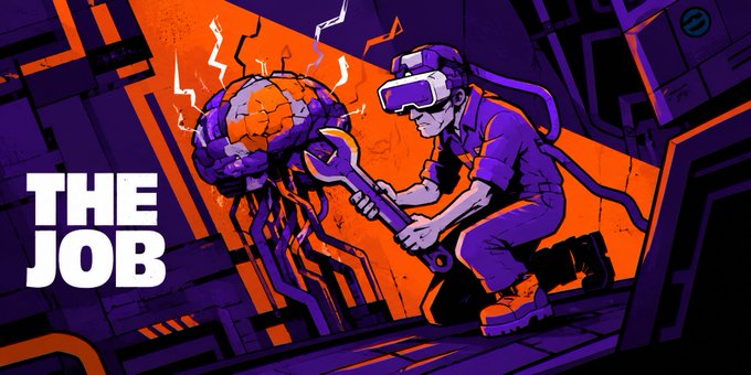 The image features a cartoon man wearing a blue shirt and holding a wrench while standing inside a building with purple walls. The caption of the image reads "The Job" above the man, and there are two other descriptions below him that read "Neural Estate Executor", "Certified by @RallyOnChain", and "Focus on what is in the image".