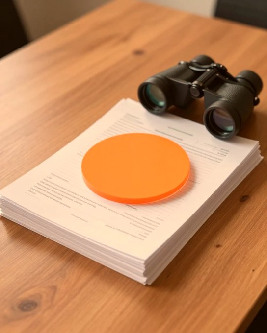 A pair of black binoculars rests on a stack of papers atop a wooden table, with an orange circular object lying on top of the documents.