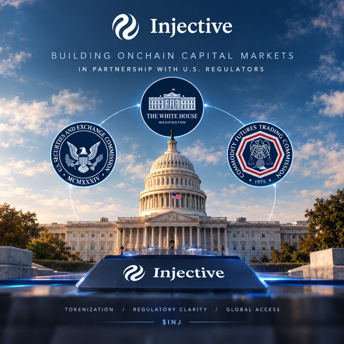 An Injective promotional graphic titled 'BUILDING ONCHAIN CAPITAL MARKETS IN PARTNERSHIP WITH U.S. REGULATORS', featuring the U.S. Capitol building with logos for the SEC, White House, and CFTC, labeled with '$INJ' and 'TOKENIZATION / REGULATORY CLARITY / GLOBAL ACCESS'.