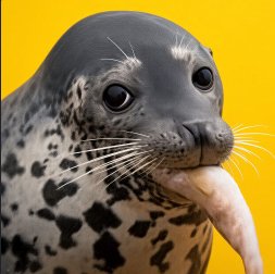 Close-up photo of a harbor seal with dark spots against a bright yellow background, looking directly at the camera.