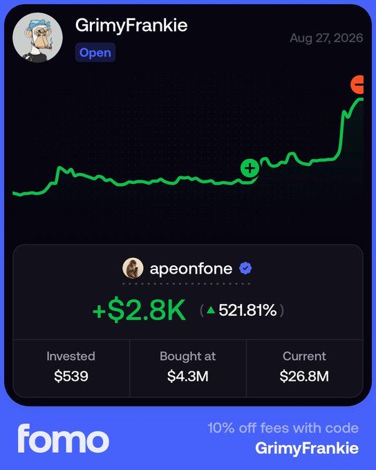 The image shows a social trading profile for user "GrimyFrankie" with an "Open" status, displaying a green trending chart for token "apeonfone" (verified) that achieved +$2.8K (▲521.81%) gains from an invested $539 at a $4.3M bought price, now valued at $26.8M. The caption "monke with a phone" humorously references the GrimyFrankie ape avatar profile picture, joking about a monkey successfully making crypto trades via mobile.