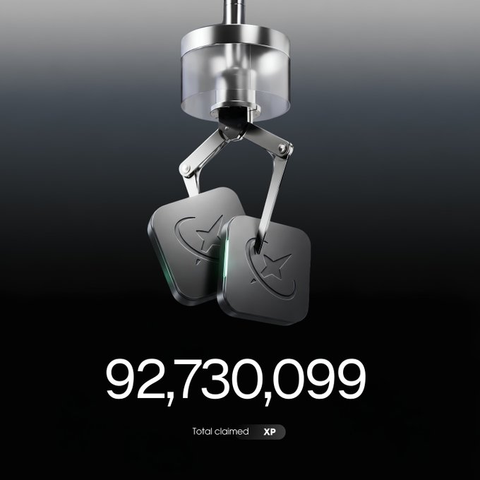 The image shows a computer screen with a message that reads "92,730,099 XP has now been claimed". The text indicates that someone has successfully claimed XP points for their achievement of stacking two stacks of cubes.