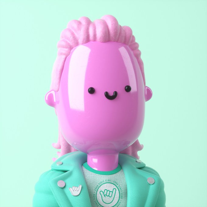 3D-rendered cartoon character with a pink rounded head, simple smiley face, and teal jacket with a 'W' hand gesture logo on a mint green background.