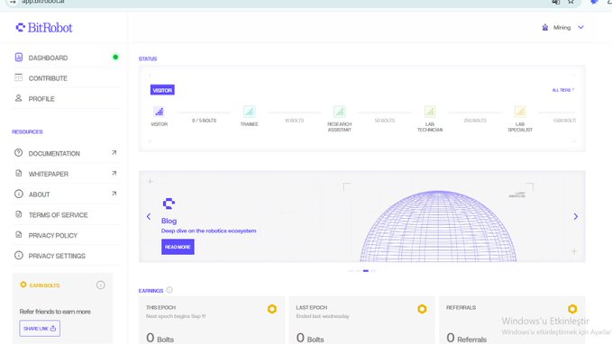 Screenshot of the BitRobot platform dashboard showing a 'Beginner' tier status with 0/5 BOLTS Visitor progress, displaying menu options like Dashboard, Contribute, Profile, Documentation, Whitepaper, and an Earnings section.