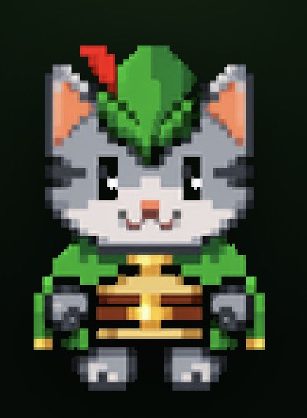 A pixel art character of a gray cat with orange-lined ears, wearing a green Robin Hood-style hat with a red feather and a green tunic over brown armor. The playful illustration matches the post's reference to "Robincat," a feline Robin Hood character being presented as a potential NFT or project.