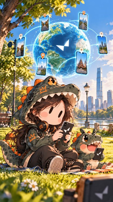 An anime-style illustration of a girl in a dinosaur hoodie sitting on grass with a small dinosaur companion, holding a phone beneath a glowing holographic globe displaying travel destinations.